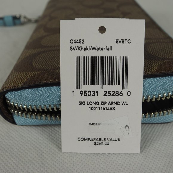 Coach Wallet Long Zip Around Signature Canvas Leather Khaki Waterfall Blue C4452 - Picture 10 of 10